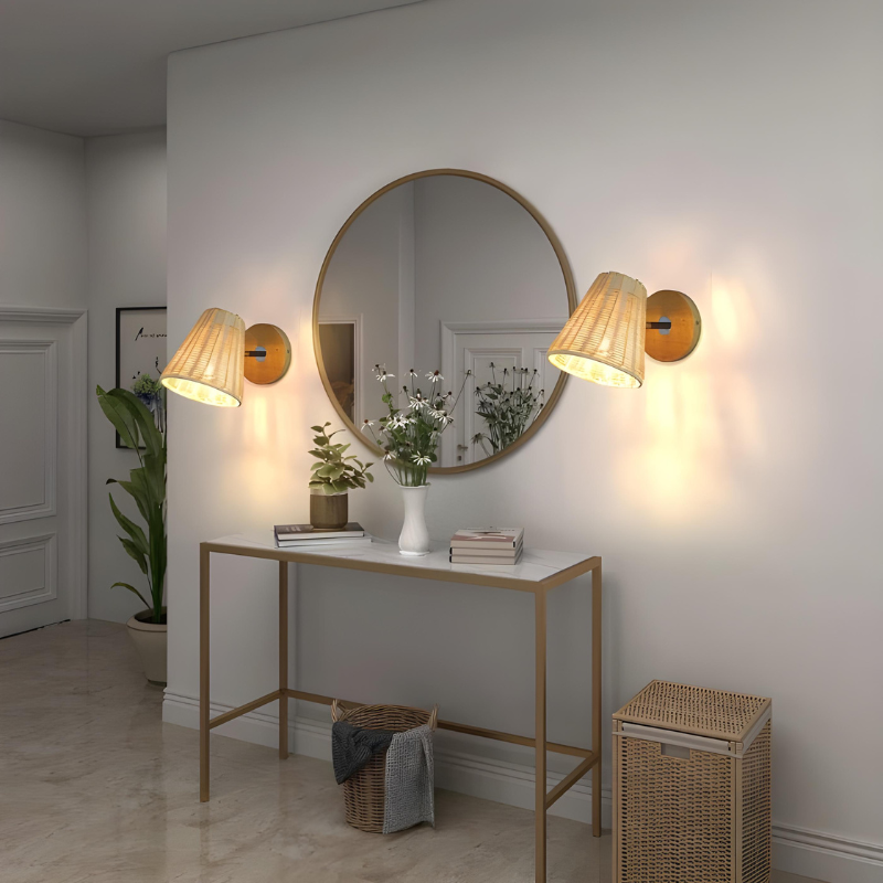 Éclat Bohème™ – Lampe Murale Rotative en Rotin Naturel